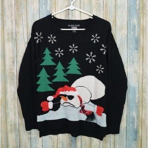 Women's Size S Black Ugly Christmas Sweater Funny Melting Snowman & Snowflakes